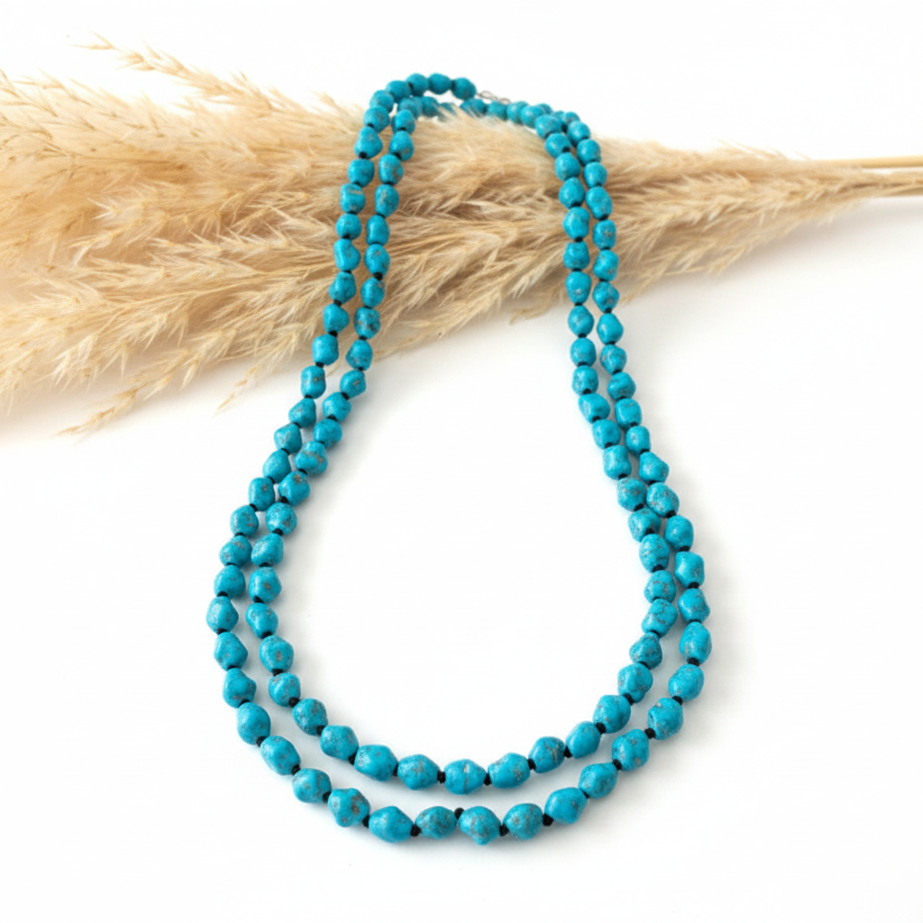 Collier long en perles de turquoise naturelles irrégulières, fil à plusieurs rangs