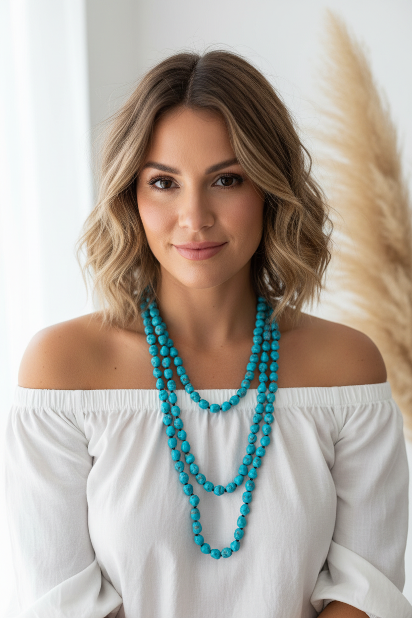 Collier long de perles de turquoise irrégulières, porté en double tour sur la nuque