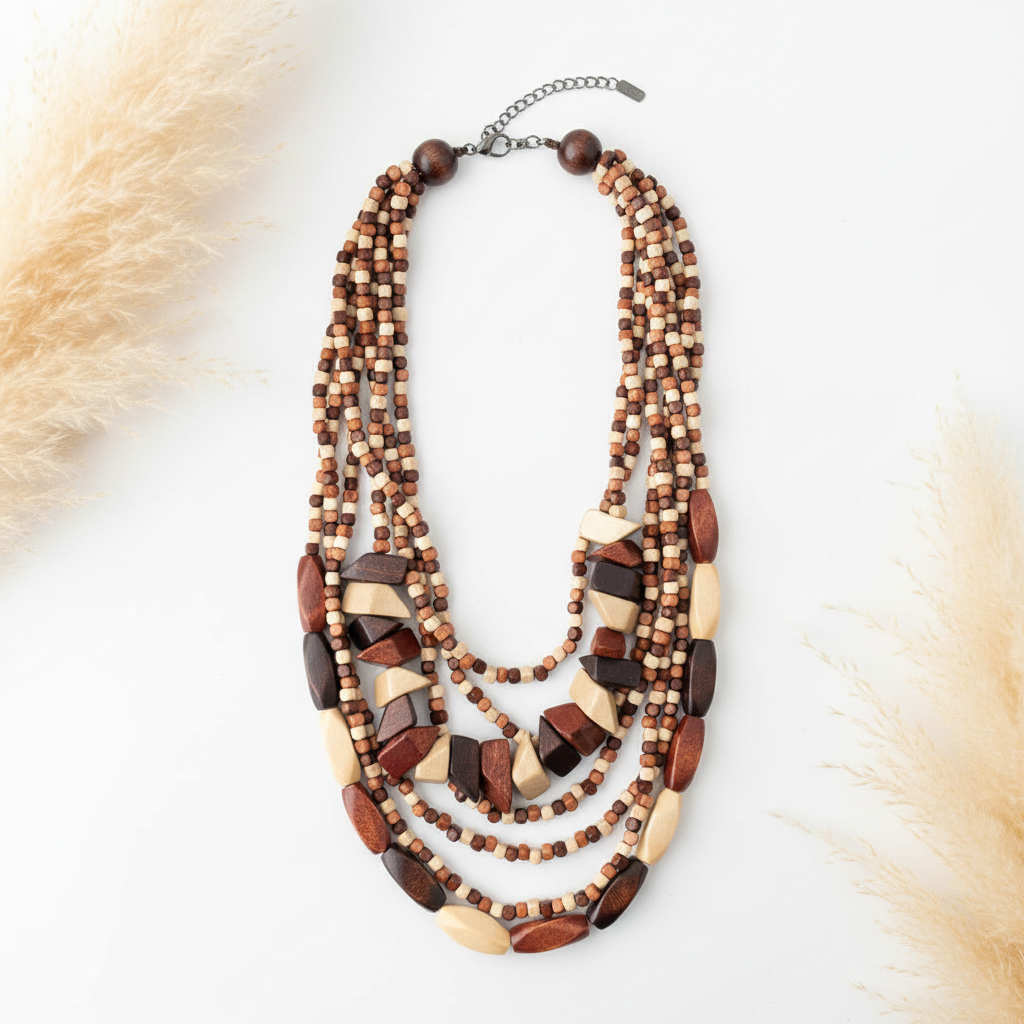 Collier multi-rangs en perles de bois brunes avec plaquettes décoratives, chaîne d’attache