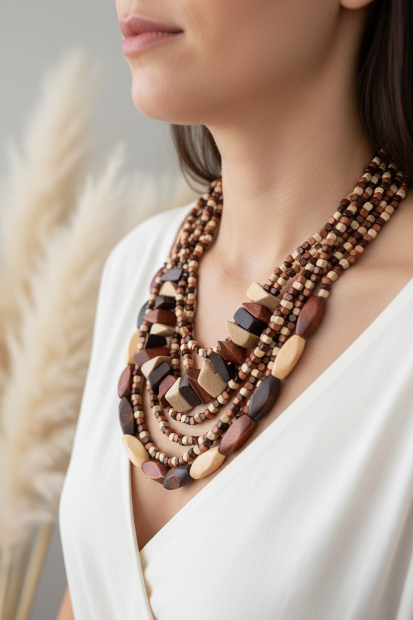 Collier multi-rangs en perles de bois brunes, beiges et noires, fermoir chaînette