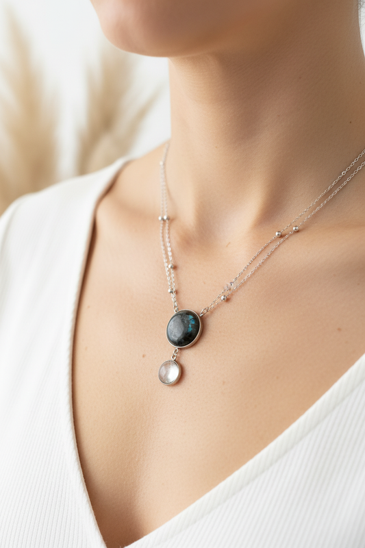 Collier chaîne argentée porté: deux cabochons ronds noirs et clairs sur le cou