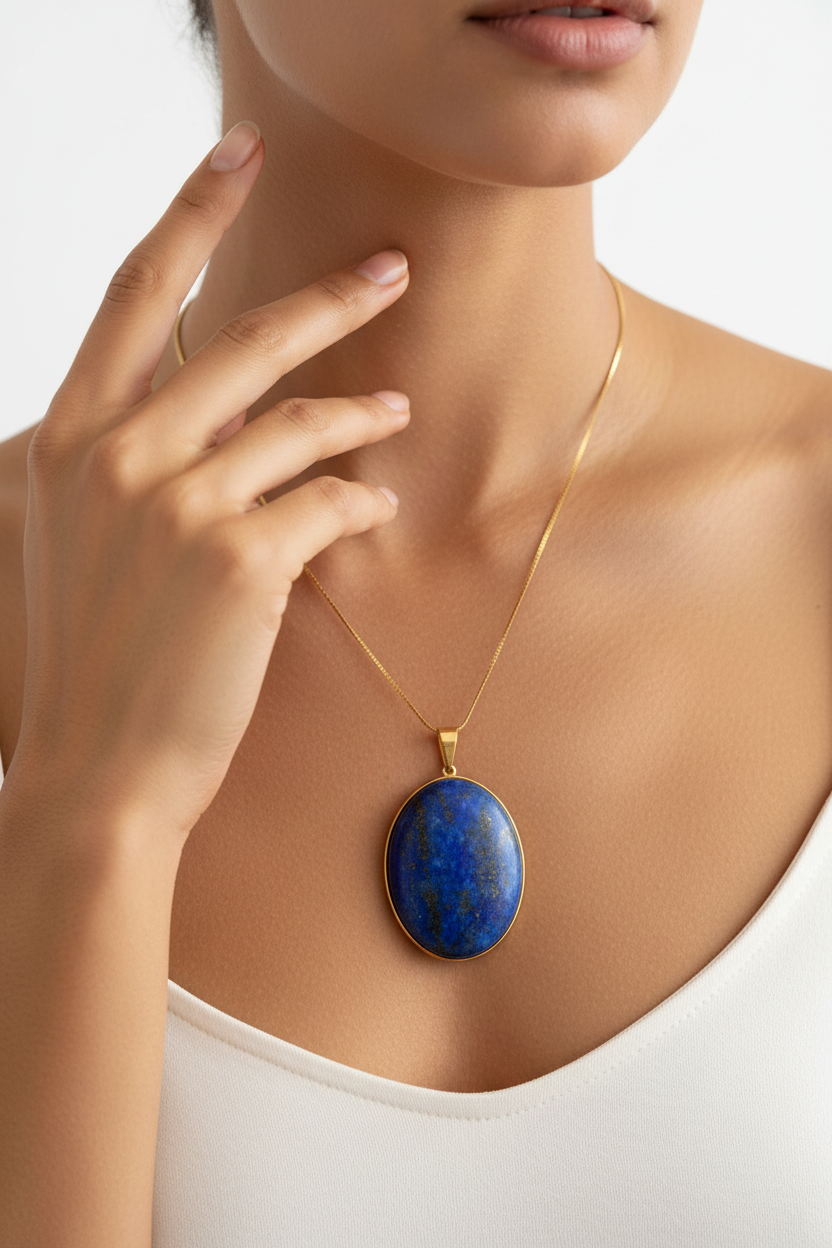 Collier lapis lazuli 5A cabochon 30x40mm porté par une femme, pendentif bleu royal doré sur chaîne dorée inox, style bohème luxe PAPD - Collier Lapis Lazuli qualité 5A cabochon 30x40mm, chaîne dorée inox 44cm. Apaisement, sommeil. Hypoallergénique. Livraison gratuite 🇫🇷 PAPD.