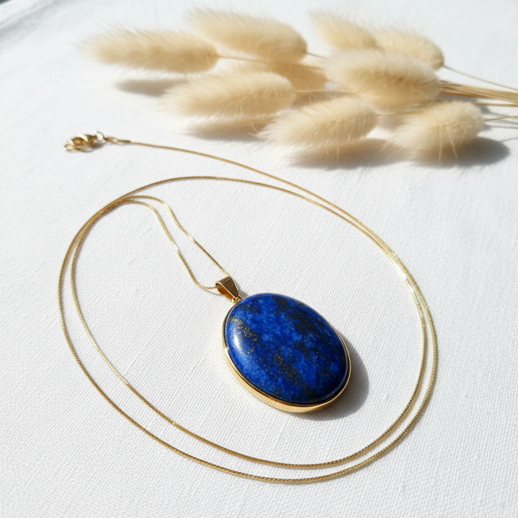 Collier lapis lazuli 5A cabochon ovale 30x40mm bleu royal reflets dorés pyrite, monture dorée, chaîne serpent dorée inox 44cm, fond blanc pampa séché, bijou artisanal PAPD. Collier Lapis Lazuli qualité 5A cabochon 30x40mm, chaîne dorée inox 44cm. Apaisement, sommeil. Hypoallergénique. Livraison gratuite 🇫🇷 PAPD.