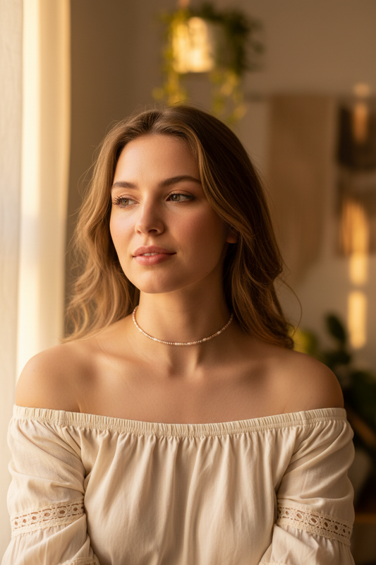 Collier ras-de-cou perles Miyuki Toho rose doré blanc 39cm porté, bijou artisanal fait main France livraison gratuite