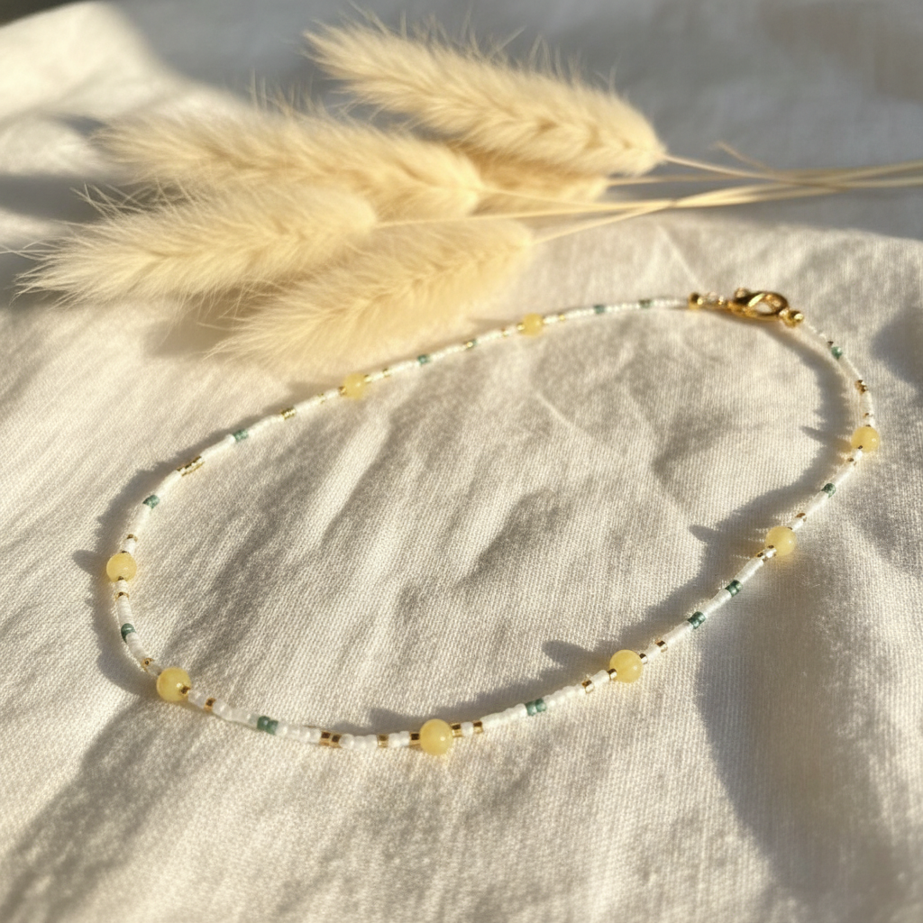 Collier Soleil Nomade | Perles Miyuki, Toho & Jade Marbre Jaune | Acier Inoxydable Doré | 43 cm | Fait Main France PAPD