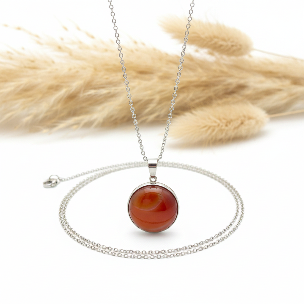 Collier avec cabochon rond en agate rouge, monture argentée et chaîne inox 44 cm