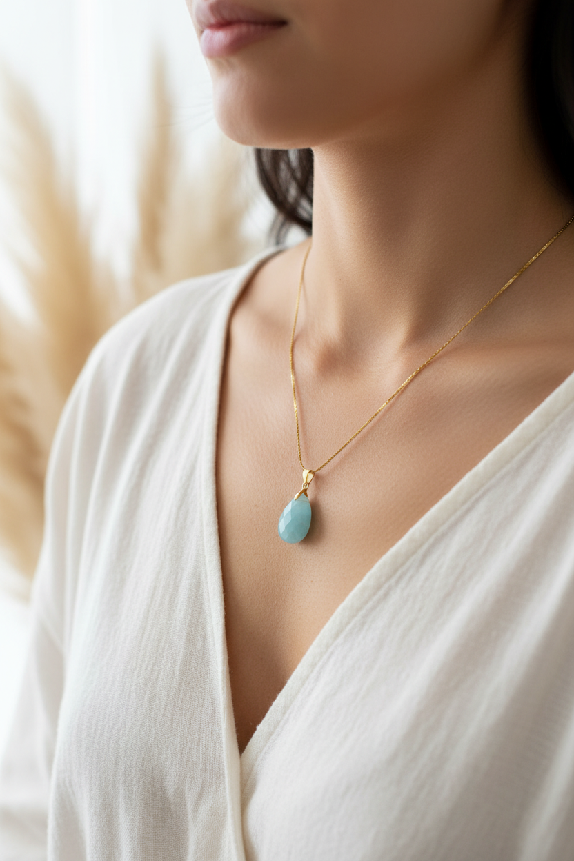Collier chaîne dorée porté au cou, pendentif amazonite bleu ovale.