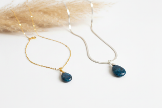 Colliers à chaîne dorée ou argentée, pendentif goutte d’apatite bleue