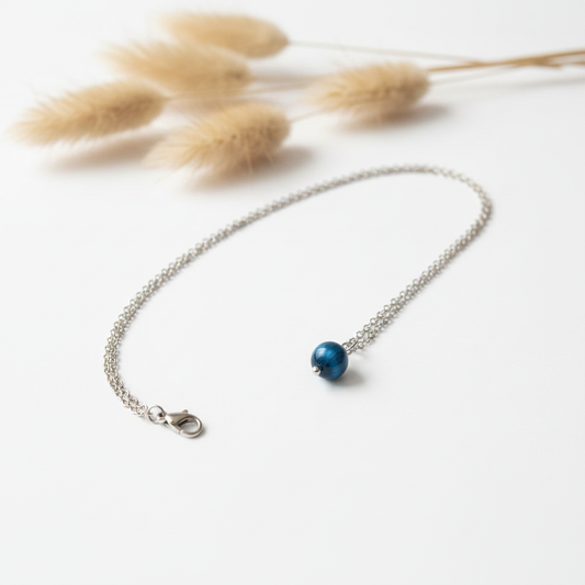 Collier acier inoxydable argenté avec perle œil de tigre bleu et fermoir mousqueton