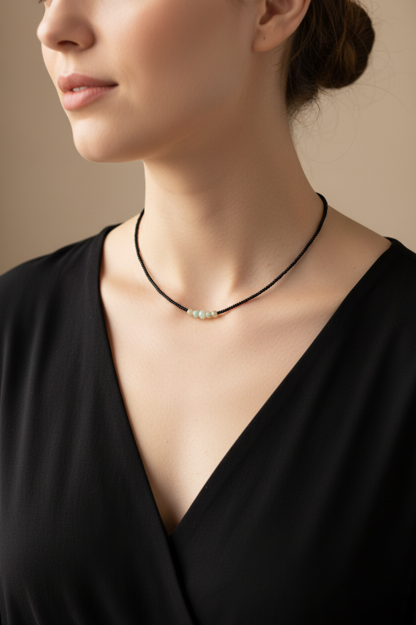 Collier perles Miyuki noires et pierres naturelles opale sauge amazonite porté sur cou de femme, style éditorial bohème chic, bijou artisanal fait main en France. livraison gratuite et rapide