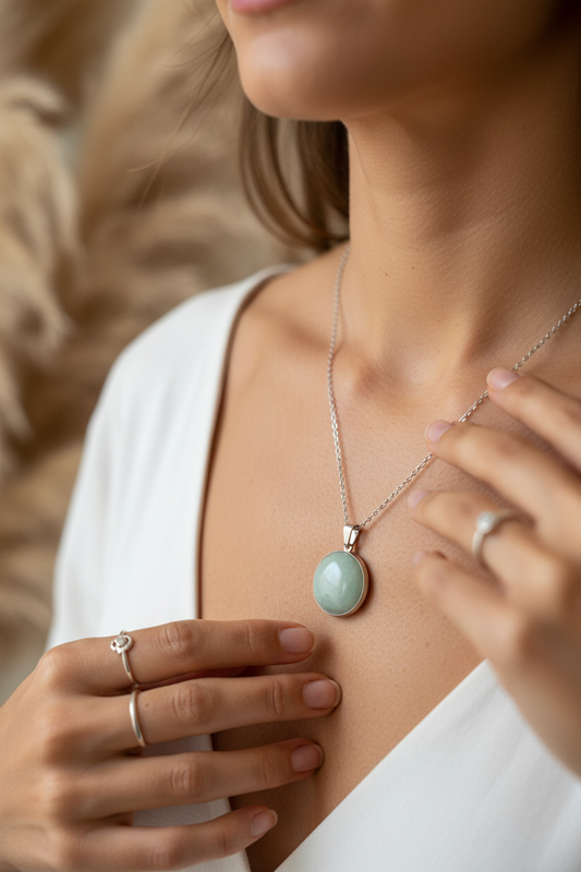 Collier aventurine verte sur chaîne argentée, pendentif ovale porté près du cou
