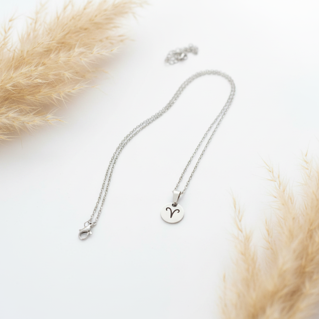 Collier Bélier signe astrologique médaille gravée acier inoxydable 316L, chaîne 44 cm, unisexe. 12 signes. Bijou artisanal fait main France. Livraison gratuite. PAPD