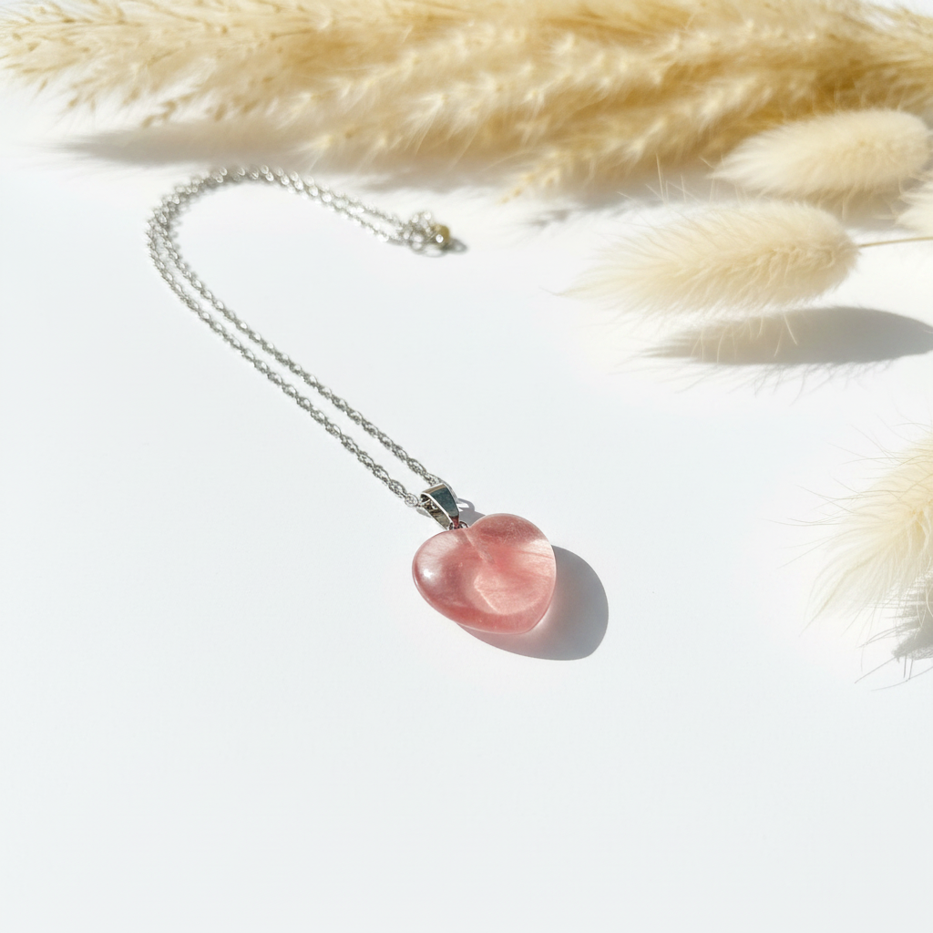 Collier Cœur Quartz Cerise – Fond Blanc Pampa - Collier cœur quartz cerise naturel sur chaîne maillon argentée inox 44cm. Pierre d'amour. Hypoallergénique. Livraison gratuite 🇫🇷 Bijou PAPD.