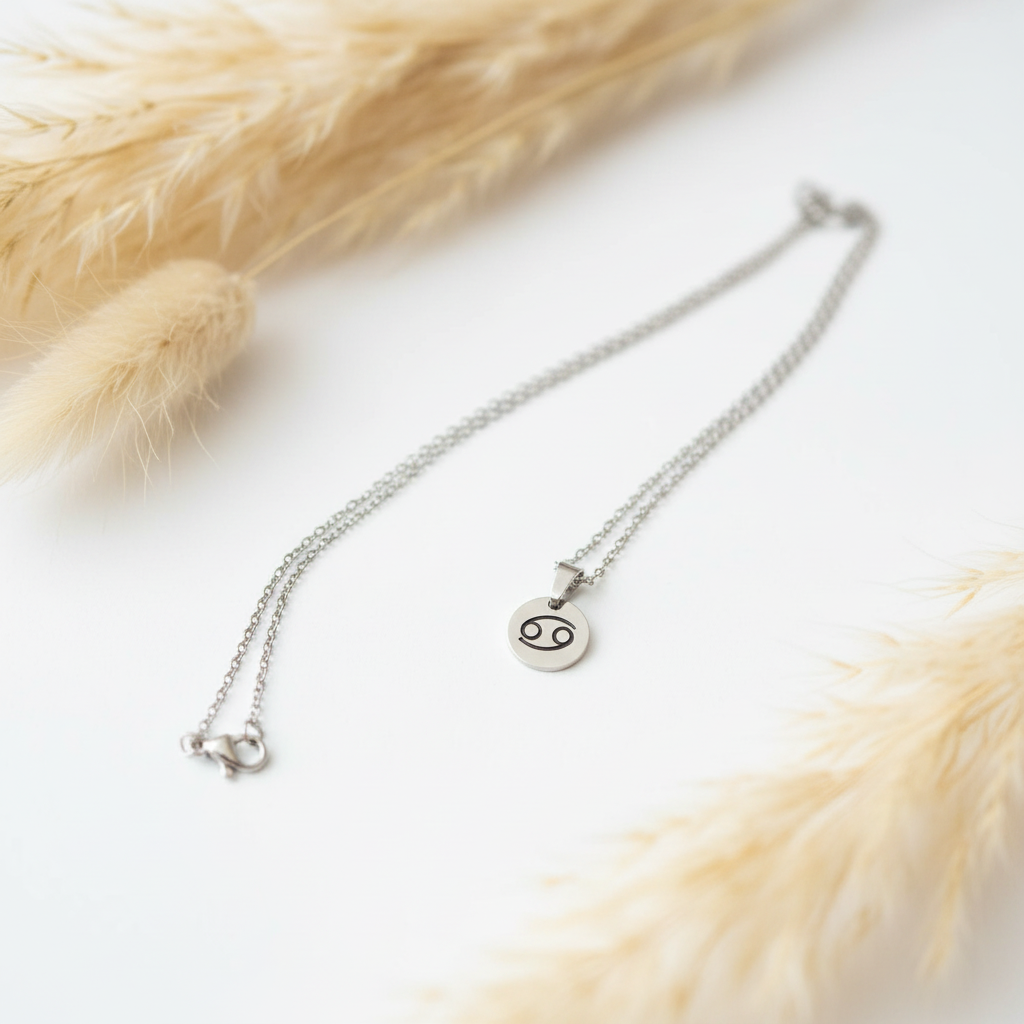 Collier signe astrologique médaille gravée acier inoxydable 316L, chaîne 44 cm, unisexe. 12 signes. Bijou artisanal fait main France. Livraison gratuite. PAPD