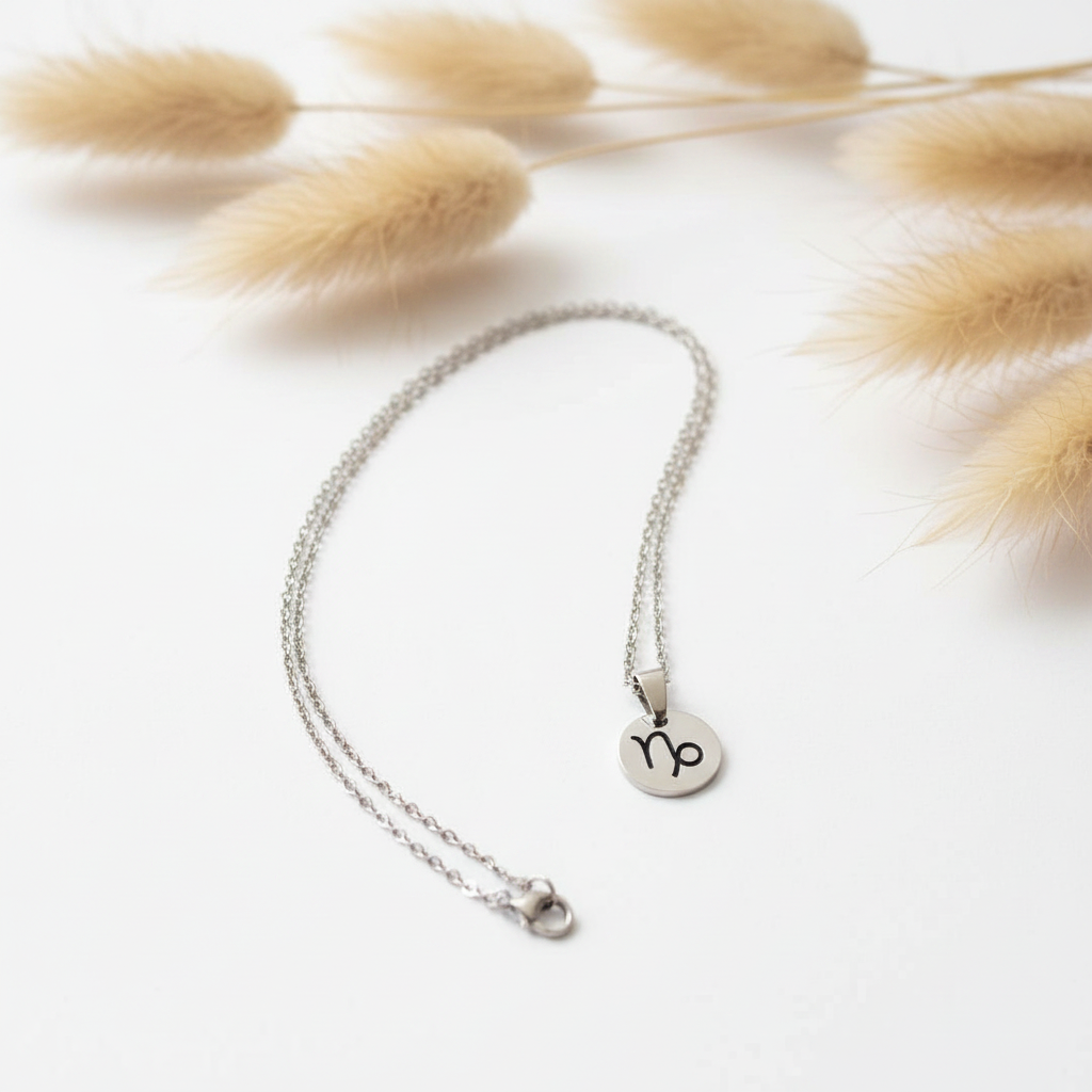 Collier signe astrologique médaille gravée acier inoxydable 316L, chaîne 44 cm, unisexe. 12 signes. Bijou artisanal fait main France. Livraison gratuite. PAPD