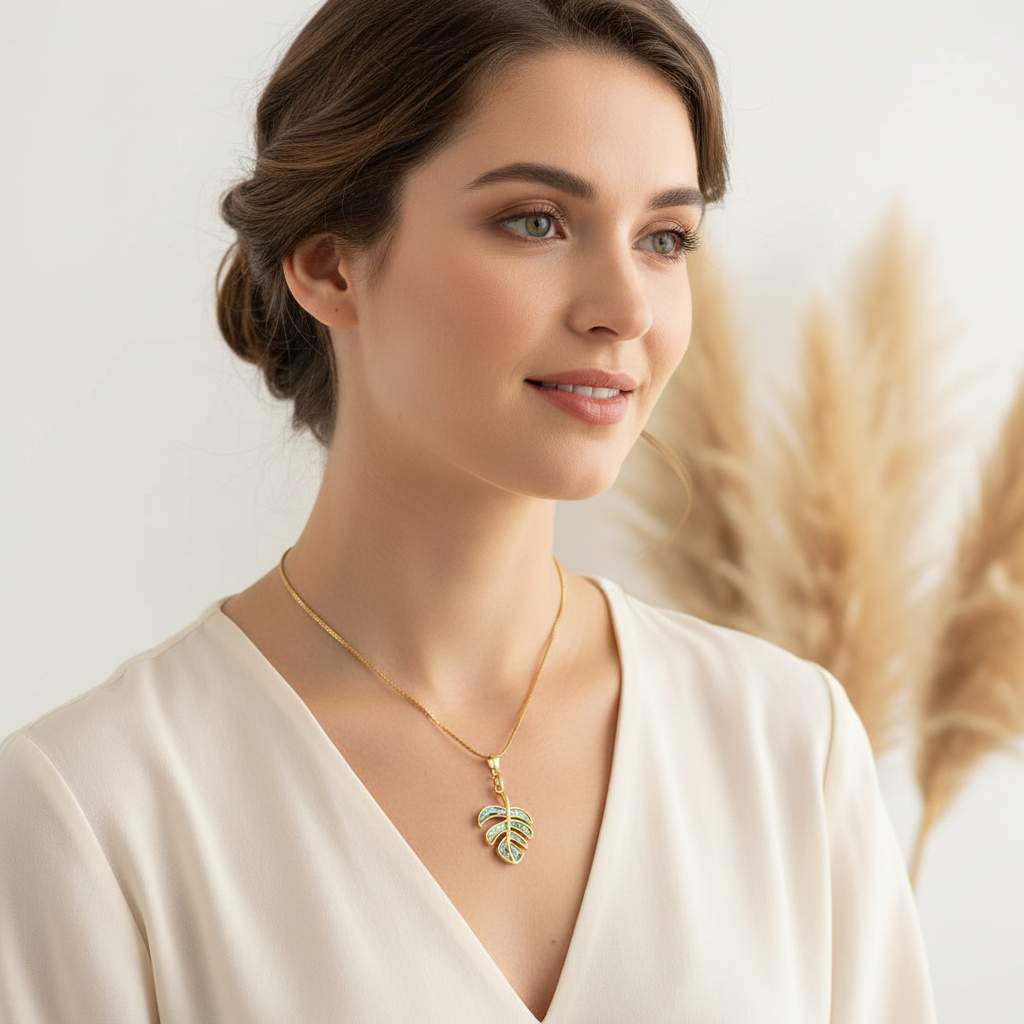 Collier chaîne dorée avec pendentif feuille de monstera nacré, porté près du cou