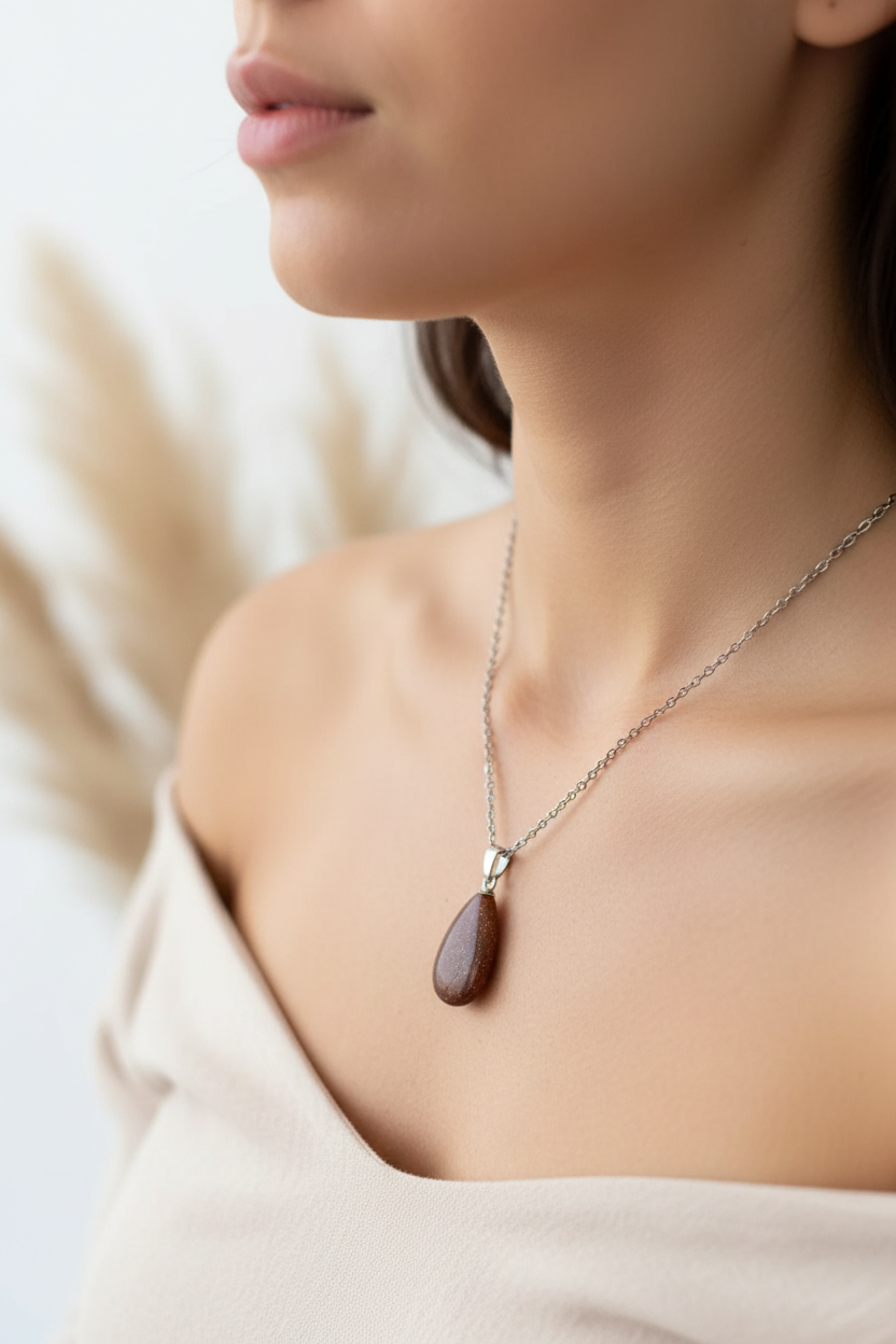 Collier en chaîne argentée avec pendentif goutte brun Goldstone