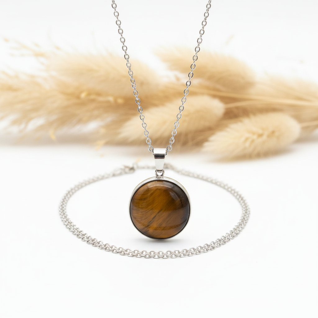 Collier pendentif œil de tigre naturel cabochon rond, monture argentée, chaîne inox