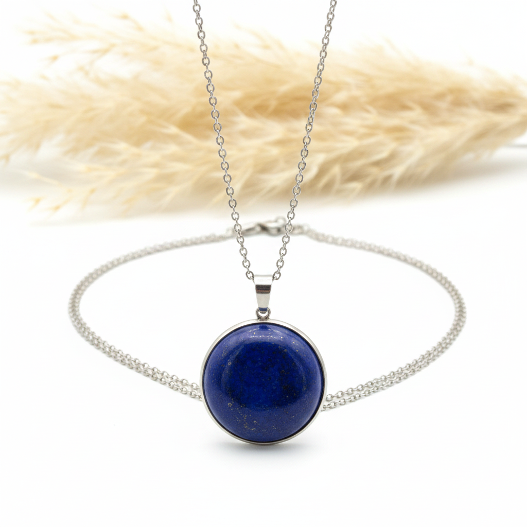 Collier lapis lazuli cabochon rond bleu, monture argentée, chaîne fine acier inox.
