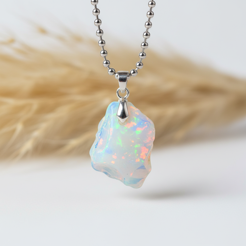 Collier en argent 925 avec pendentif d’opale irisée et chaîne billes