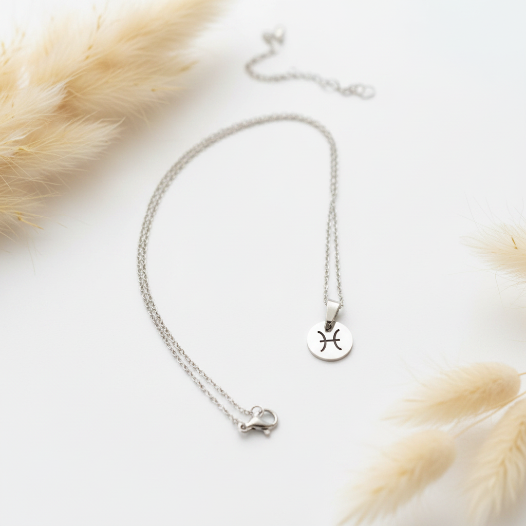 Collier signe astrologique médaille gravée acier inoxydable 316L, chaîne 44 cm, unisexe. 12 signes. Bijou artisanal fait main France. Livraison gratuite. PAPD
