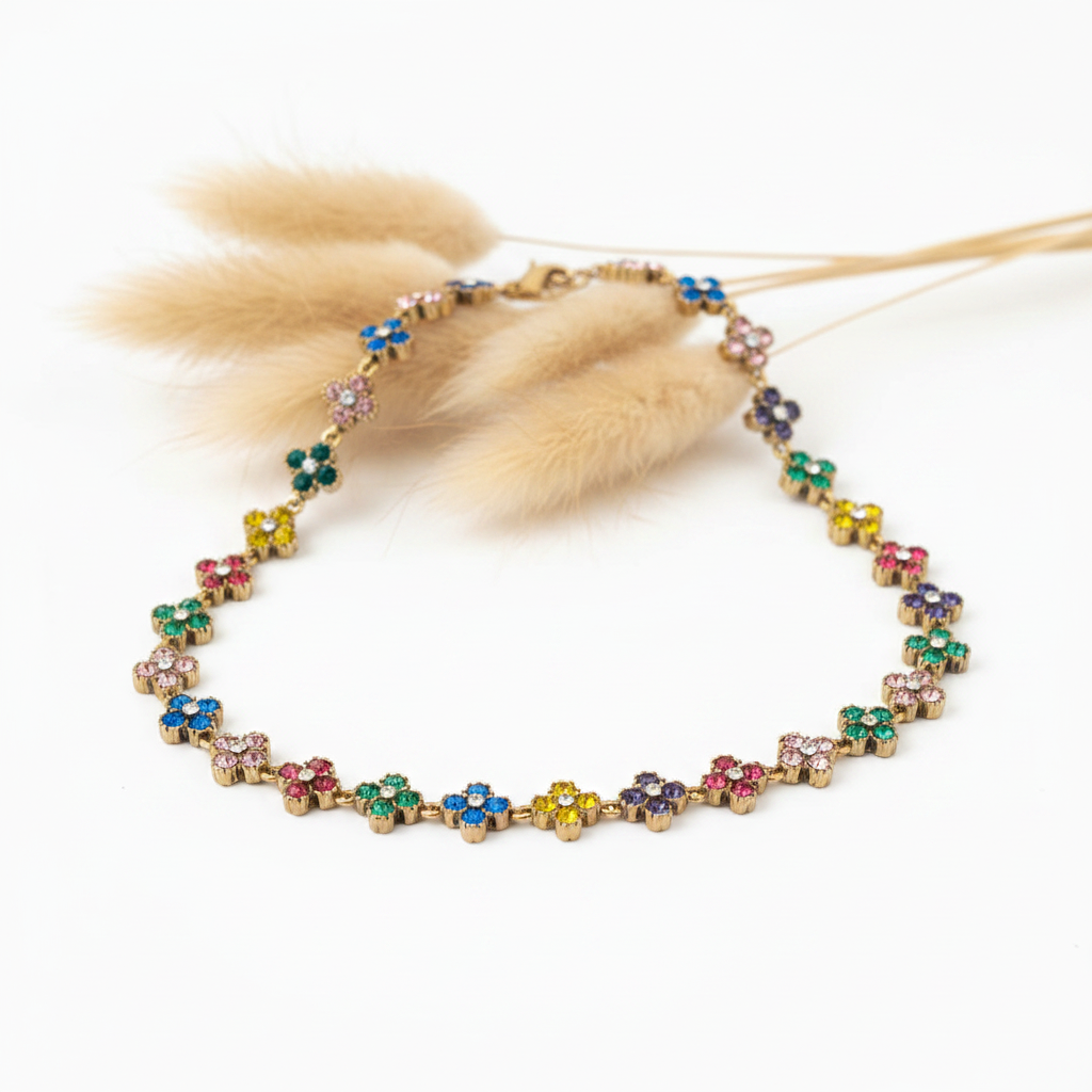 Collier ras du cou en acier doré, strass multicolores en motifs fleurs