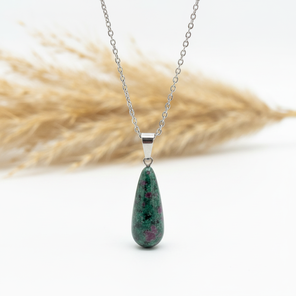 Collier argenté à pendentif goutte en pierre verte tachetée rouge, chaîne fine
