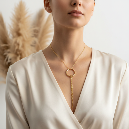 Collier sautoir doré avec grand anneau circulaire et chaînette pendante