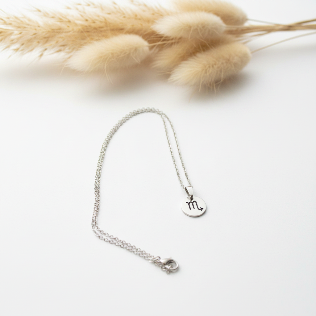 Collier signe astrologique médaille gravée acier inoxydable 316L, chaîne 44 cm, unisexe. 12 signes. Bijou artisanal fait main France. Livraison gratuite. PAPD