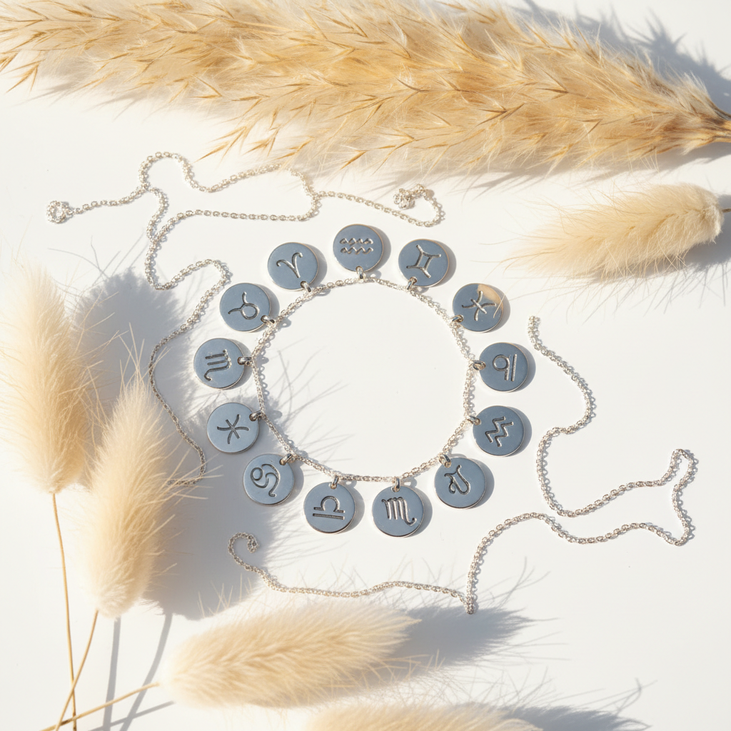 Collier signe astrologique médaille gravée acier inoxydable 316L, chaîne 44 cm, unisexe. 12 signes. Bijou artisanal fait main France. Livraison gratuite. PAPD