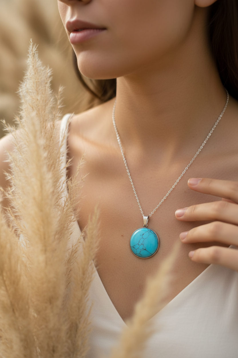 Collier pendentif turquoise sur monture argentée, chaîne fine et fermoir discret.