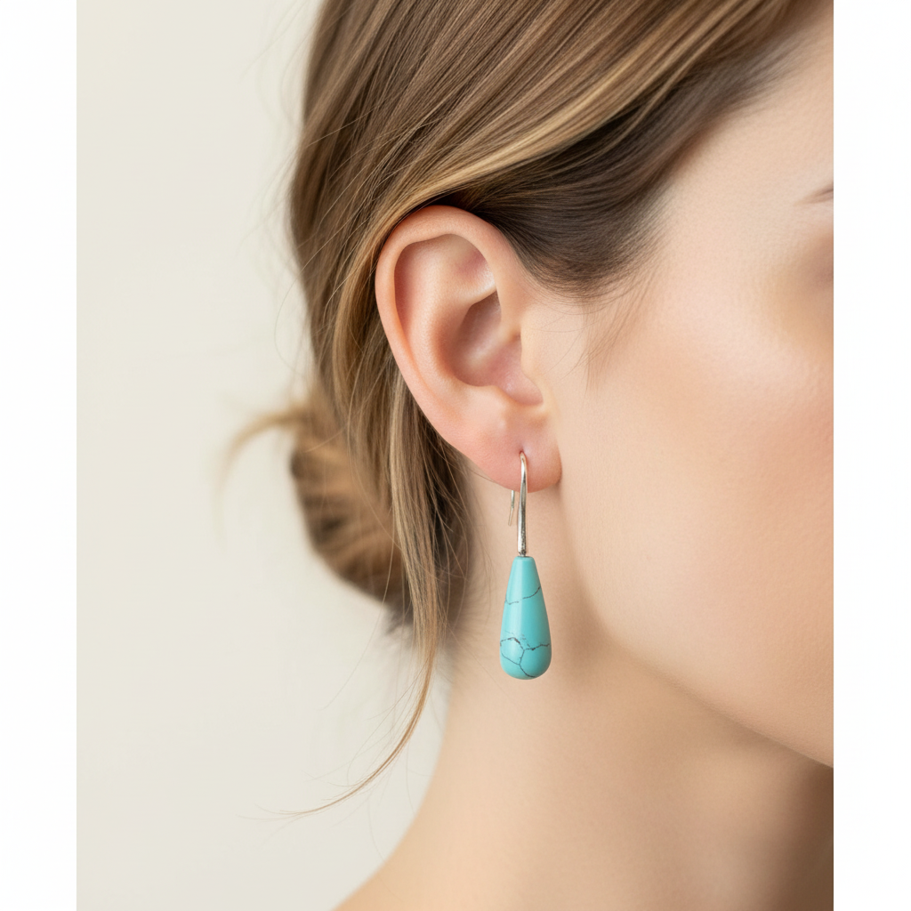Dormeuses argentées pierre turquoise naturelle forme larme sur présentoir bois clair et marbre gris, style boho-chic, fait main France livraison gratuite PAPD