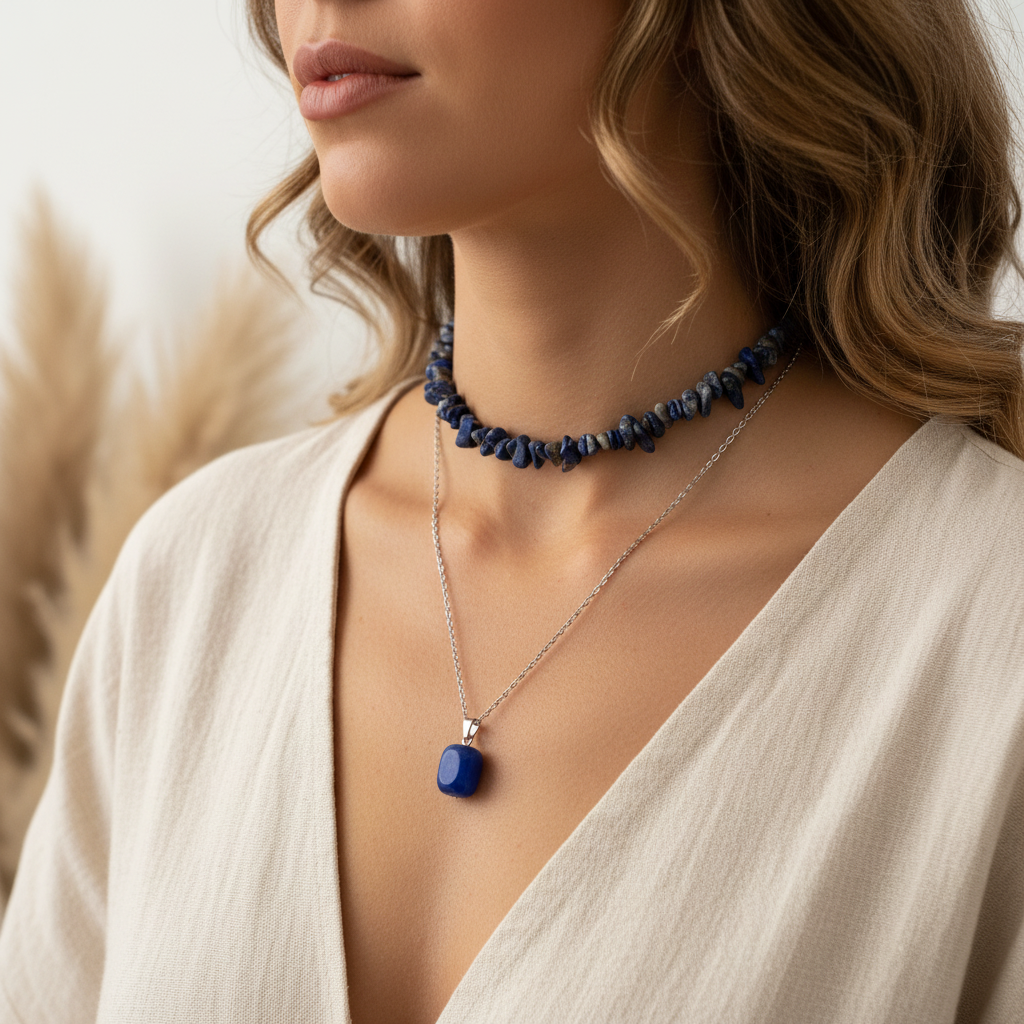 Collier ras-de-cou perles lapis bleues et pendentif sur chaîne fine argentée