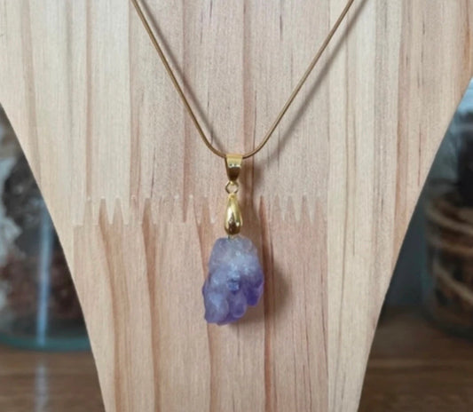 Collier chaine dorée inoxydable pierre naturelle Améthyste - Pierres Argentées & Perles Dorées