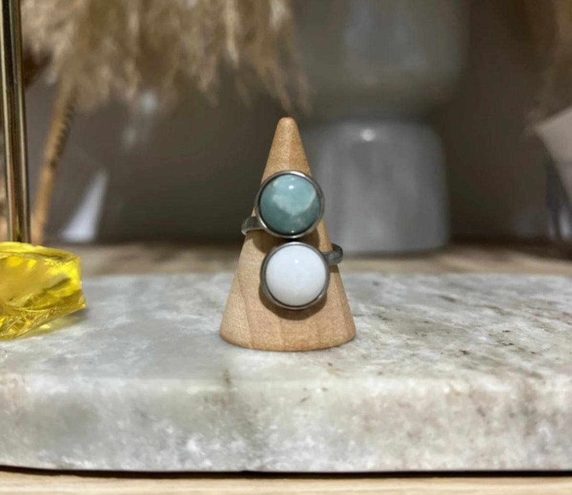 Bague double inoxydable pierre naturelle Amazonite & Quartz blanc - Pierres Argentées & Perles Dorées