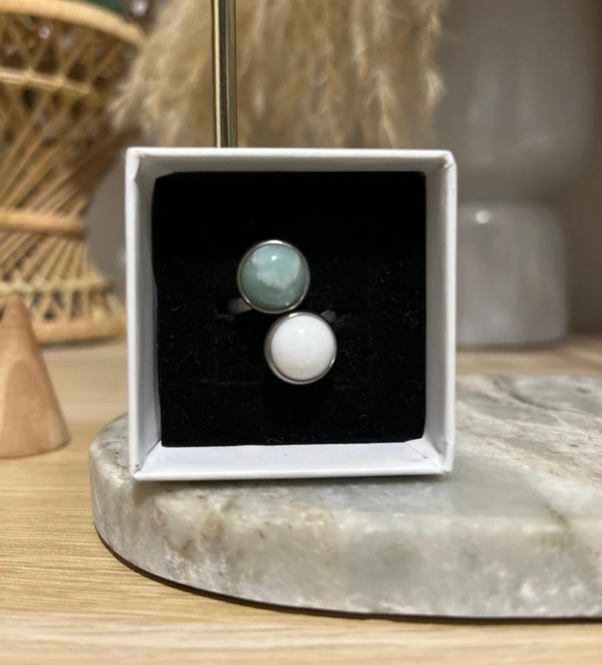 Bague double inoxydable pierre naturelle Amazonite & Quartz blanc - Pierres Argentées & Perles Dorées