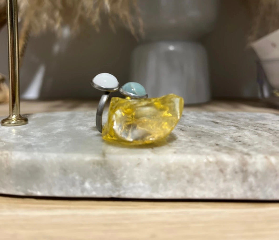 Bague double inoxydable pierre naturelle Amazonite & Quartz blanc - Pierres Argentées & Perles Dorées