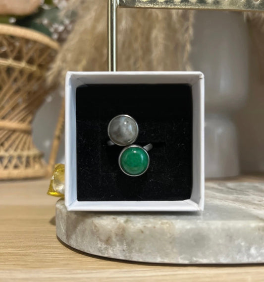 Bague double inoxydable pierre naturelle Quartz de Tourmaline & Jade vert - Pierres Argentées & Perles Dorées