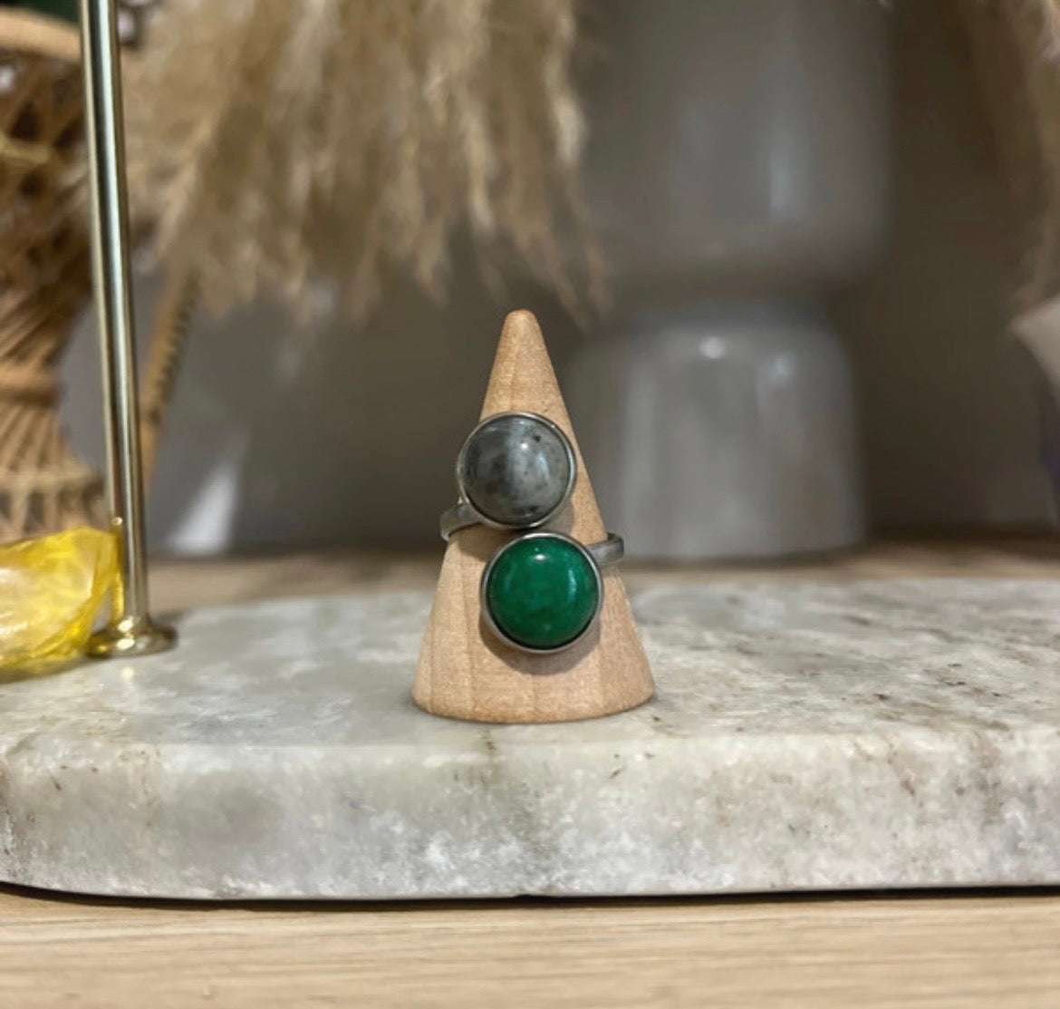 Bague double inoxydable pierre naturelle Quartz de Tourmaline & Jade vert - Pierres Argentées & Perles Dorées