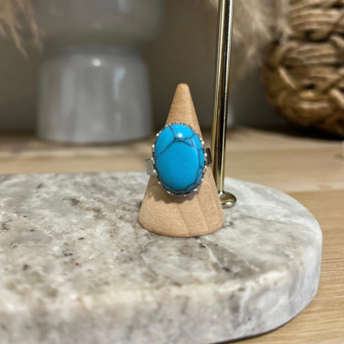 Bague argentée inoxydable pierre naturelle Turquoise - Pierres Argentées & Perles Dorées