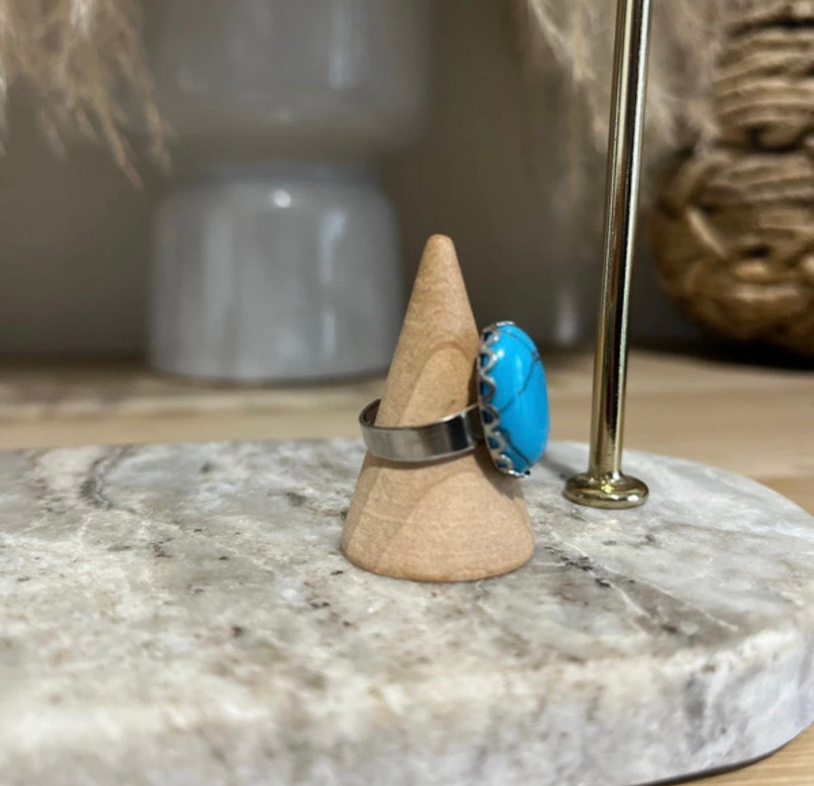 Bague argentée inoxydable pierre naturelle Turquoise - Pierres Argentées & Perles Dorées