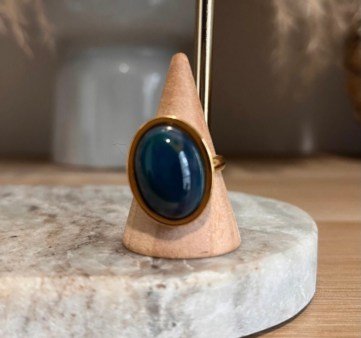 Bague dorée inoxydable pierre naturelle Aventurine bleue - Pierres Argentées & Perles Dorées