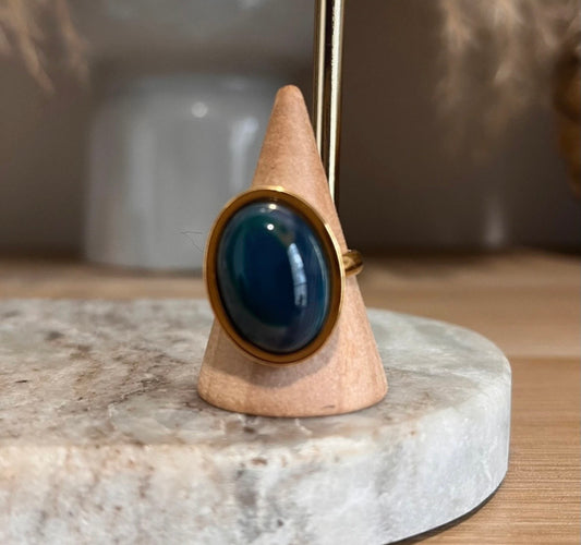 Bague dorée inoxydable pierre naturelle Aventurine bleue - Pierres Argentées & Perles Dorées