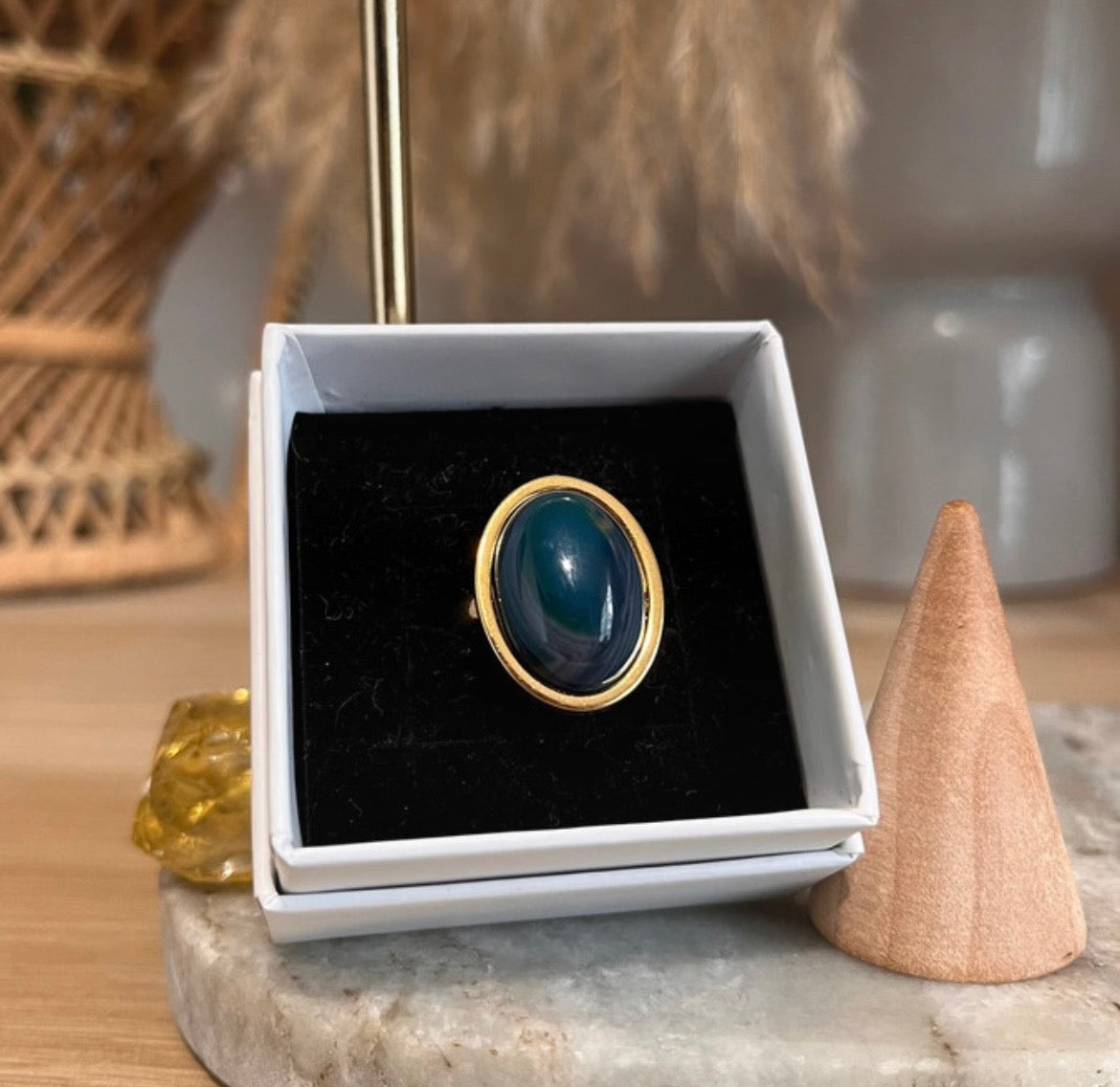 Bague dorée inoxydable pierre naturelle Aventurine bleue - Pierres Argentées & Perles Dorées