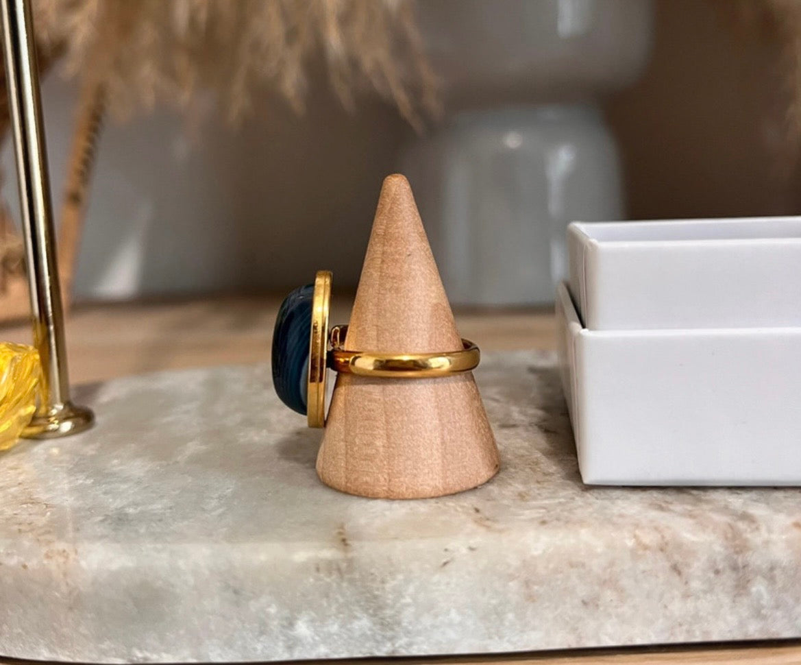 Bague dorée inoxydable pierre naturelle Aventurine bleue - Pierres Argentées & Perles Dorées