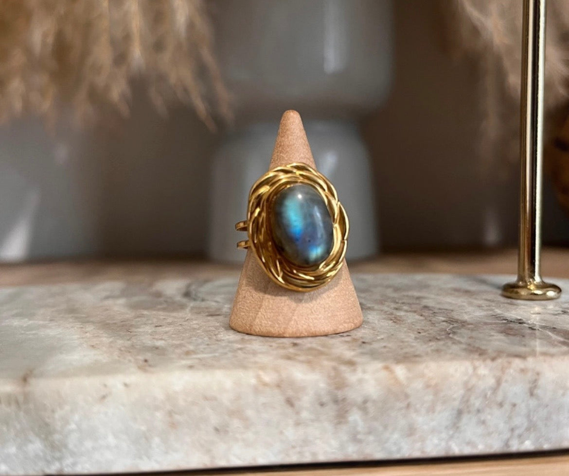 Bague dorée inoxydable pierre naturelle Labradorite bleue - Pierres Argentées & Perles Dorées