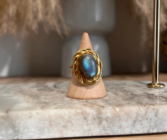 Bague dorée inoxydable pierre naturelle Labradorite bleue - Pierres Argentées & Perles Dorées