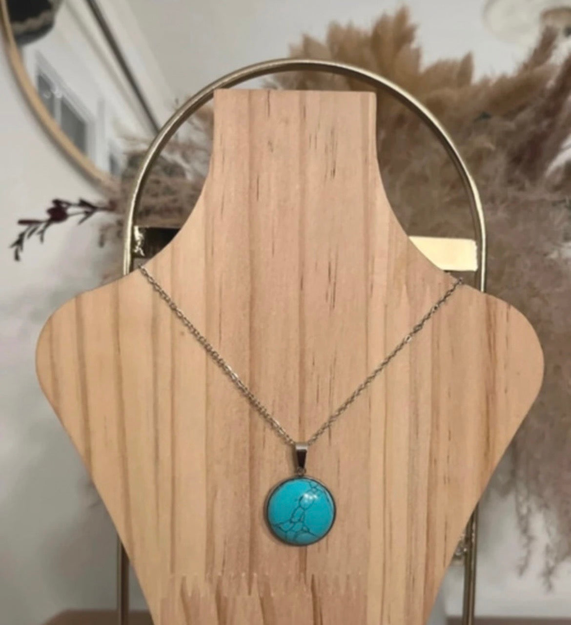 Collier chaine argentée inoxydable pierre naturelle Turquoise - Pierres Argentées & Perles Dorées