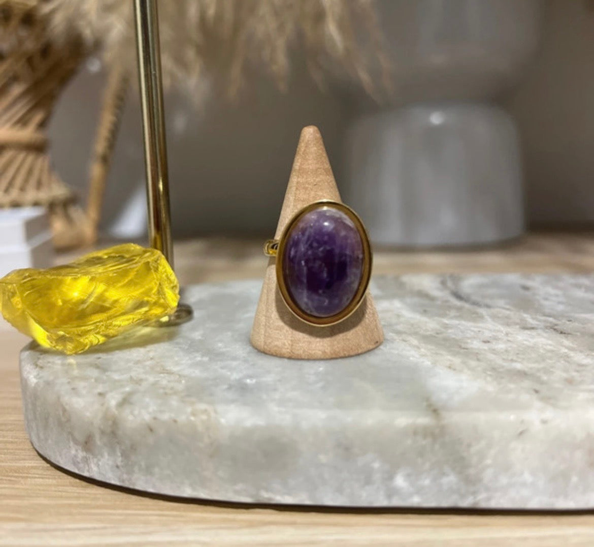 Bague dorée inoxydable pierre naturelle Améthyste - Pierres Argentées & Perles Dorées