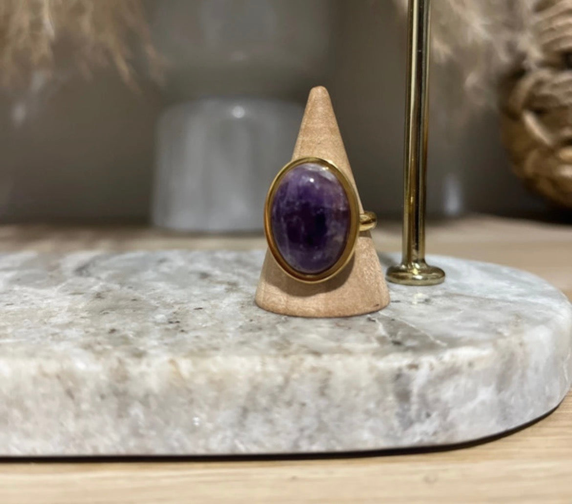 Bague dorée inoxydable pierre naturelle Améthyste - Pierres Argentées & Perles Dorées